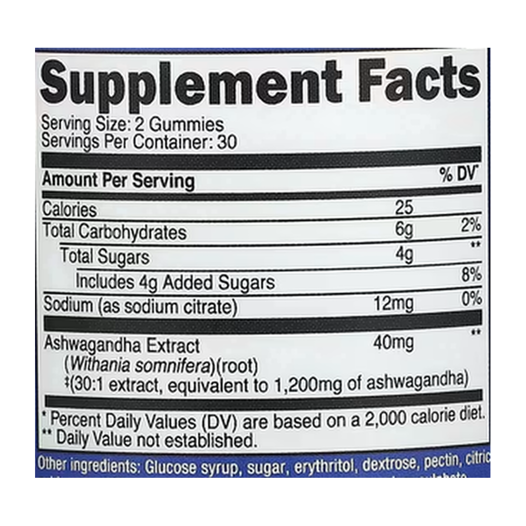 Nutricost, Ashwagandha Gummies, Mixed Berry, 60 Gummies supplement facts label showing ingredients, vitamins, minerals, and serving information