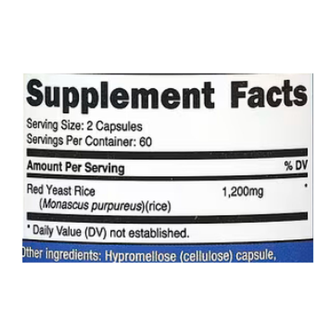 Nutricost, Red Yeast Rice, 120 Capsules supplement facts label showing ingredients, vitamins, minerals, and serving information