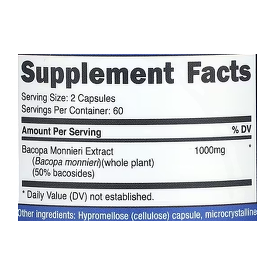 Nutricost, Bacopa Monnieri, 120 Capsules supplement facts label showing ingredients, vitamins, minerals, and serving information