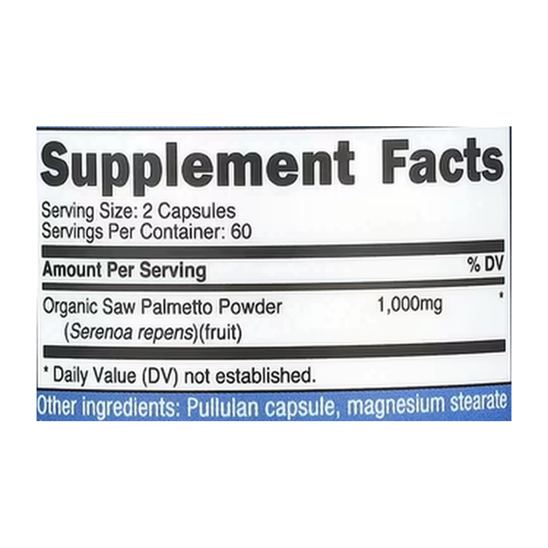Nutricost, Saw Palmetto, 120 Capsules supplement facts label showing ingredients, vitamins, minerals, and serving information