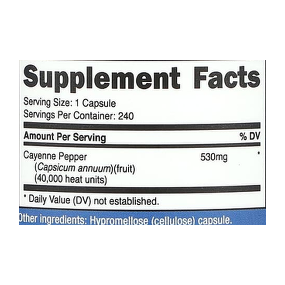 Nutricost, Cayenne Pepper, 40,000 Heat Units, 530 mg, 240 Capsules supplement facts label showing ingredients, vitamins, minerals, and serving information