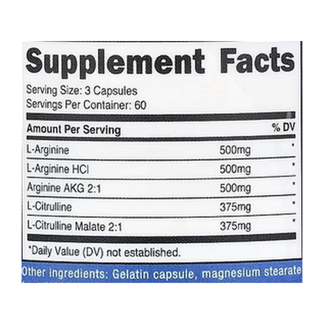 Nutricost, Performance, Nitric Oxide Booster, 180 Capsules supplement facts label showing ingredients, vitamins, minerals, and serving information