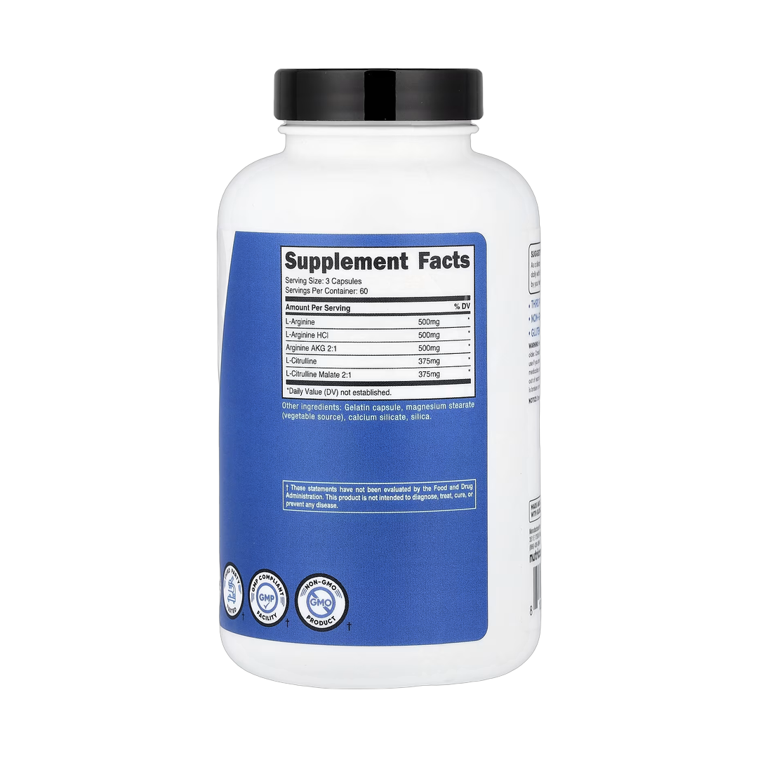 Nutricost, Performance, Nitric Oxide Booster, 180 Capsules back packaging view