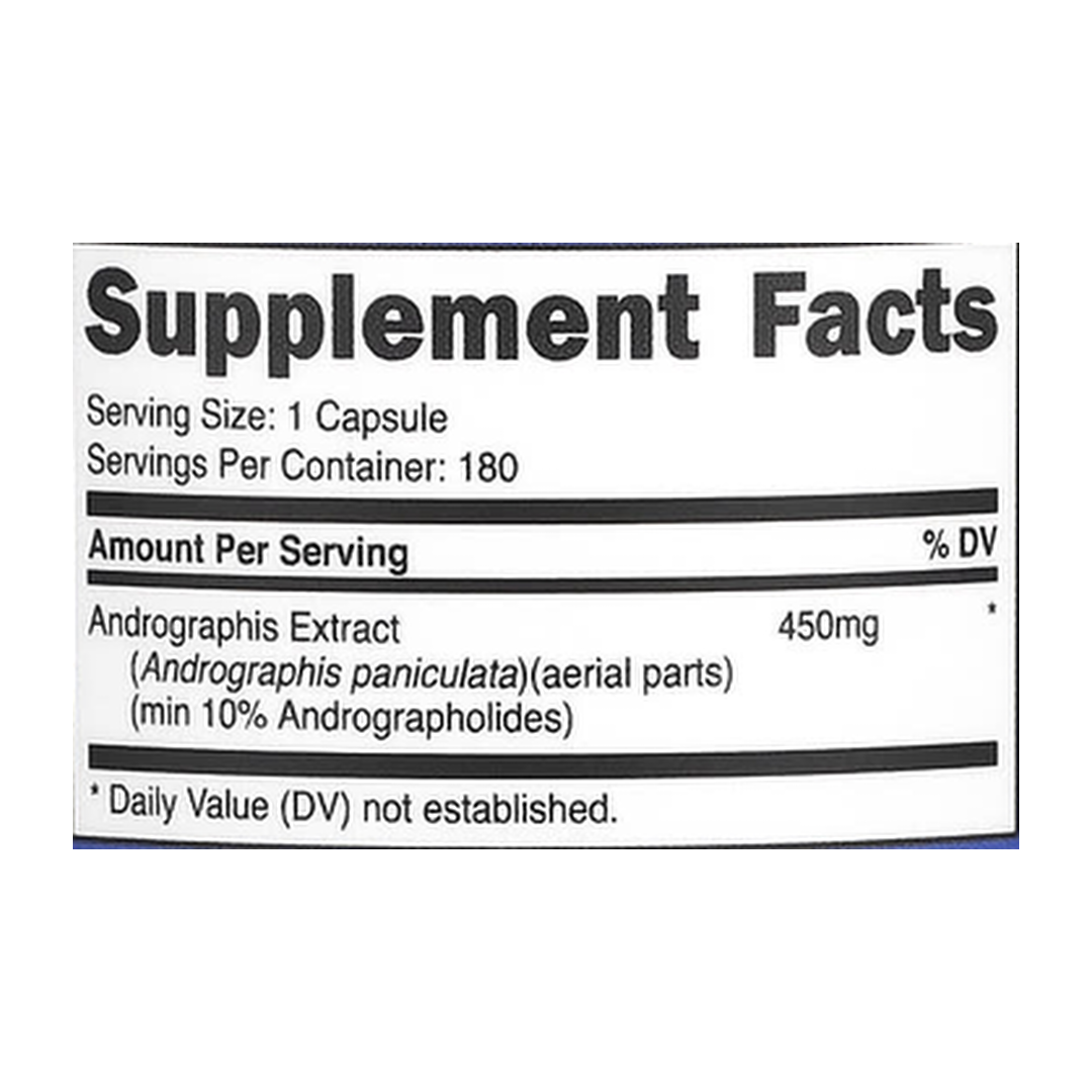 Nutricost, Andrographis Extract, 450 mg, 180 Capsules supplement facts label showing ingredients, vitamins, minerals, and serving information