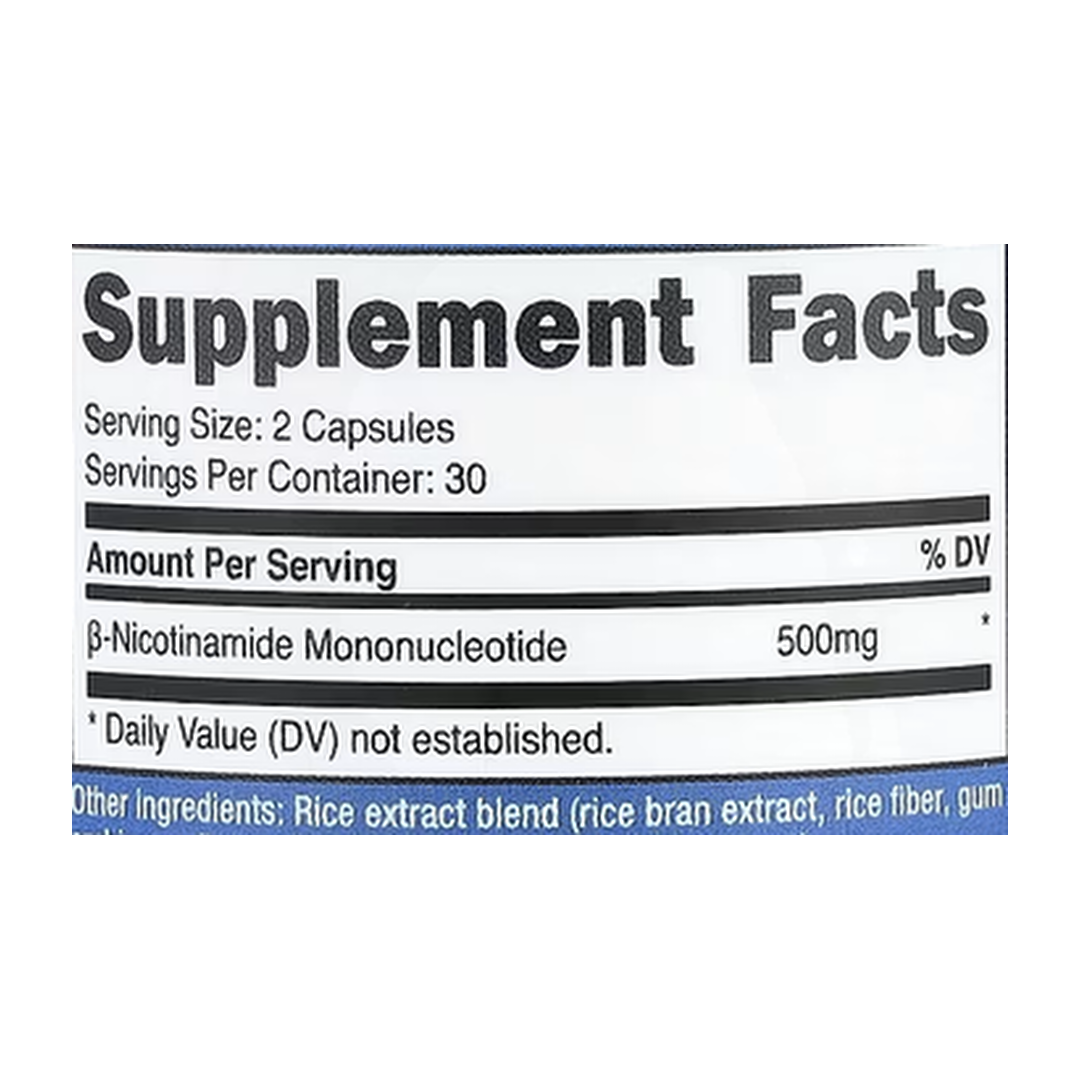 Nutricost, NMN, 500 mg, 60 Capsules supplement facts label showing ingredients, vitamins, minerals, and serving information