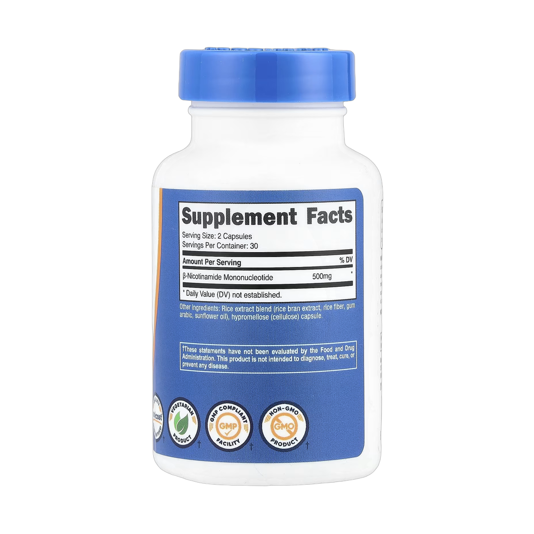 Nutricost, NMN, 500 mg, 60 Capsules back packaging view
