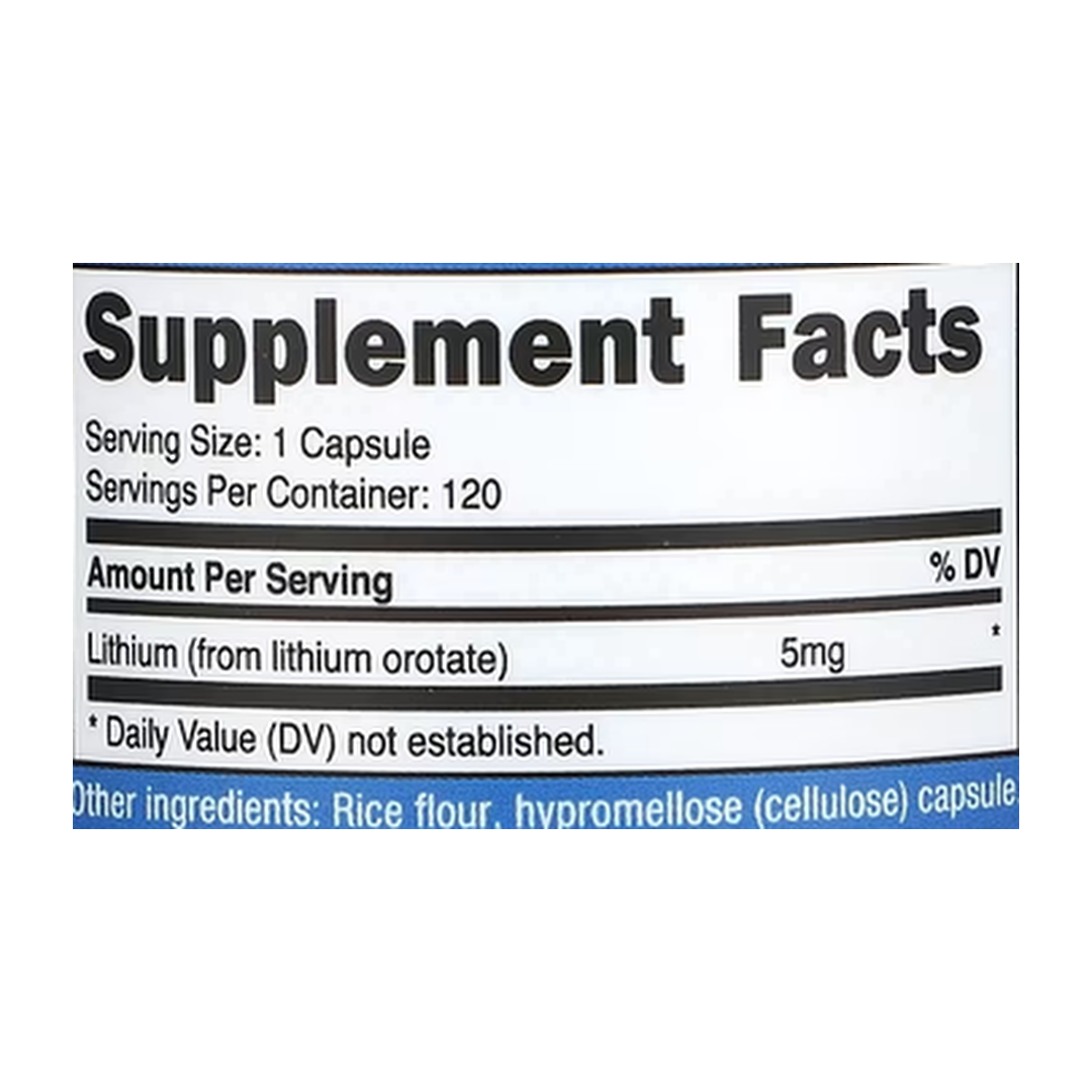 Nutricost, Lithium Orotate, 5 mg, 120 Capsules supplement facts label showing ingredients, vitamins, minerals, and serving information