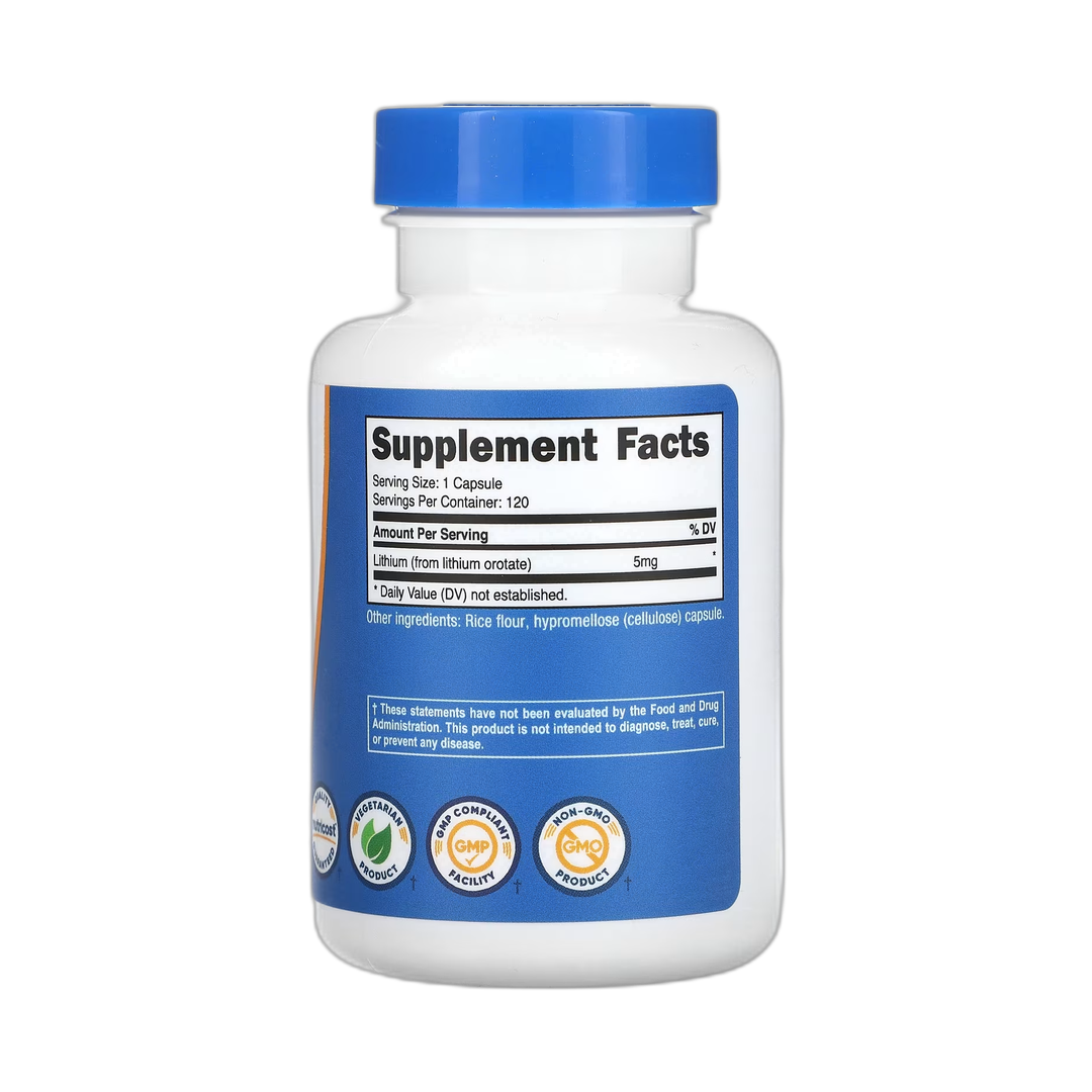 Nutricost, Lithium Orotate, 5 mg, 120 Capsules back packaging view