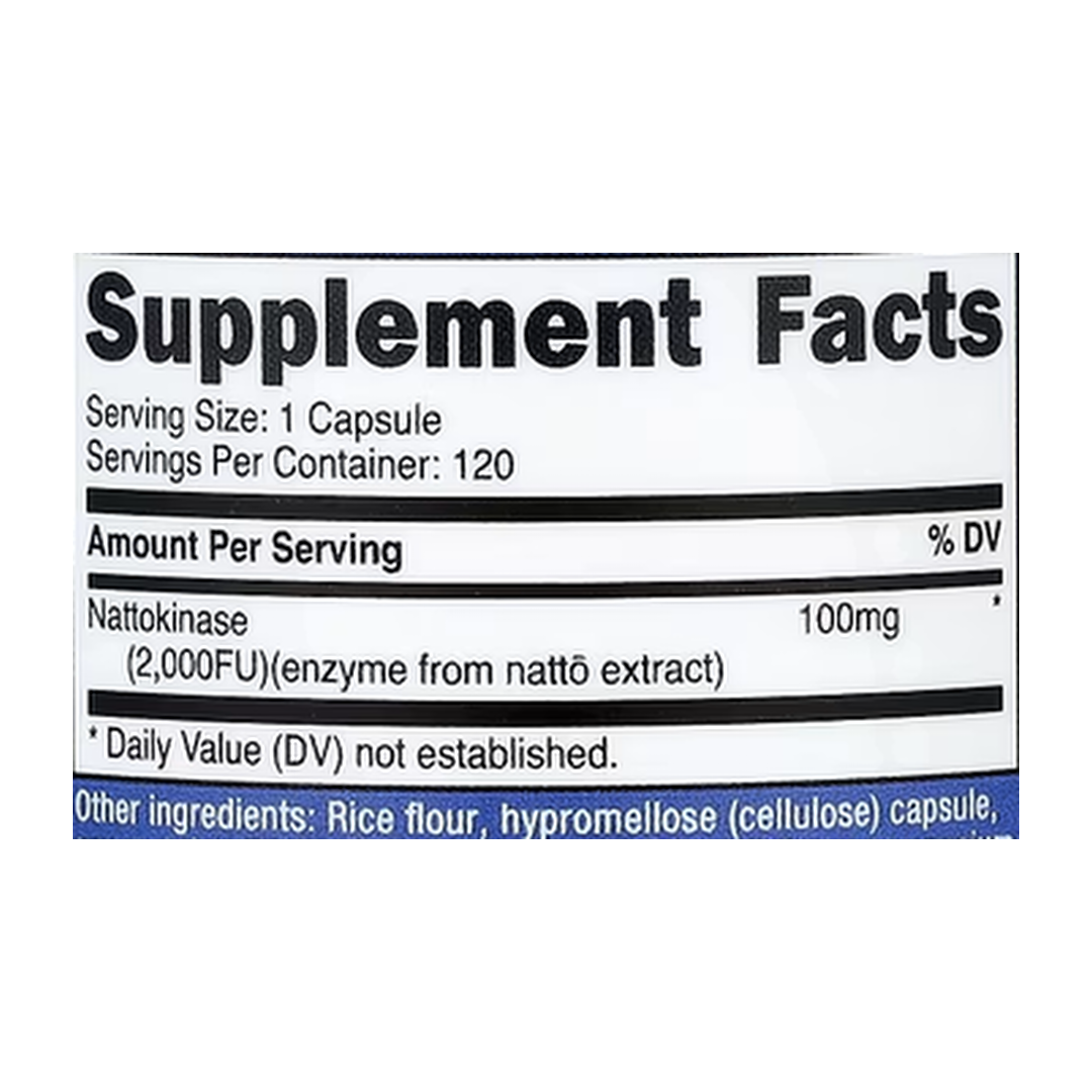 Nutricost, Nattokinase, 100 mg (2,000 FU), 120 Capsules supplement facts label showing ingredients, vitamins, minerals, and serving information
