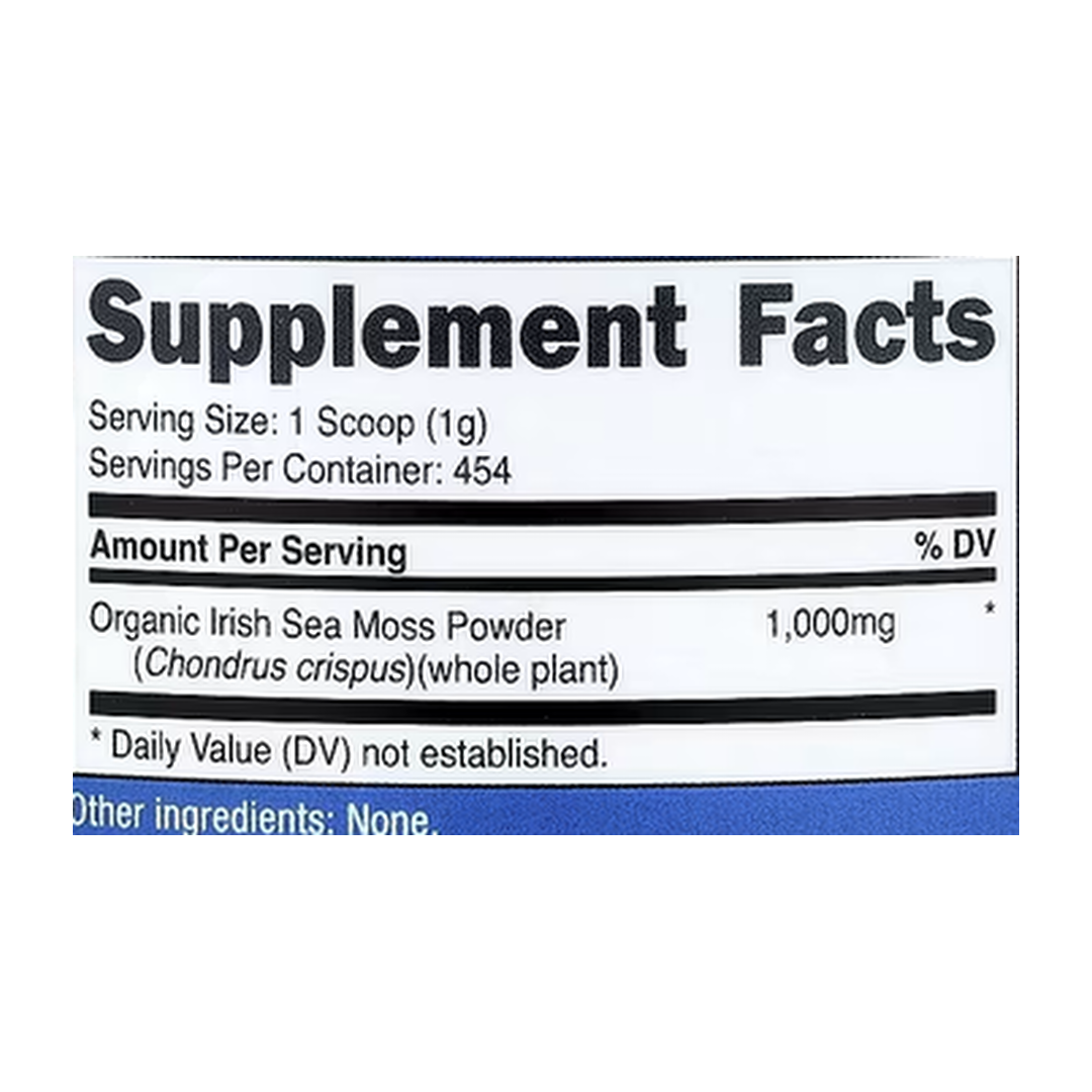 Nutricost, Organic Irish Sea Moss Powder, Unflavored, 16.2 oz, 454 g supplement facts label showing ingredients, vitamins, minerals, and serving information