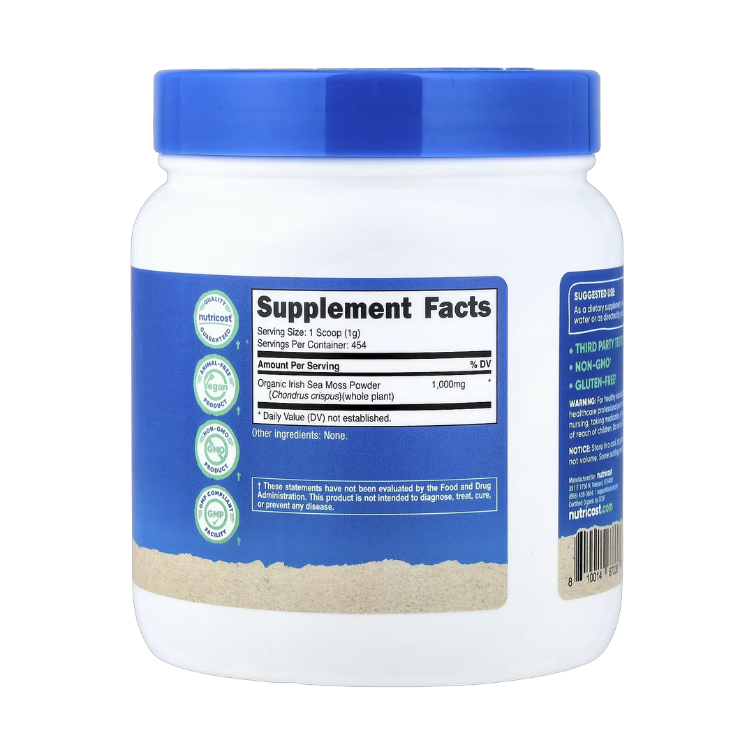 Nutricost, Organic Irish Sea Moss Powder, Unflavored, 16.2 oz, 454 g back packaging view
