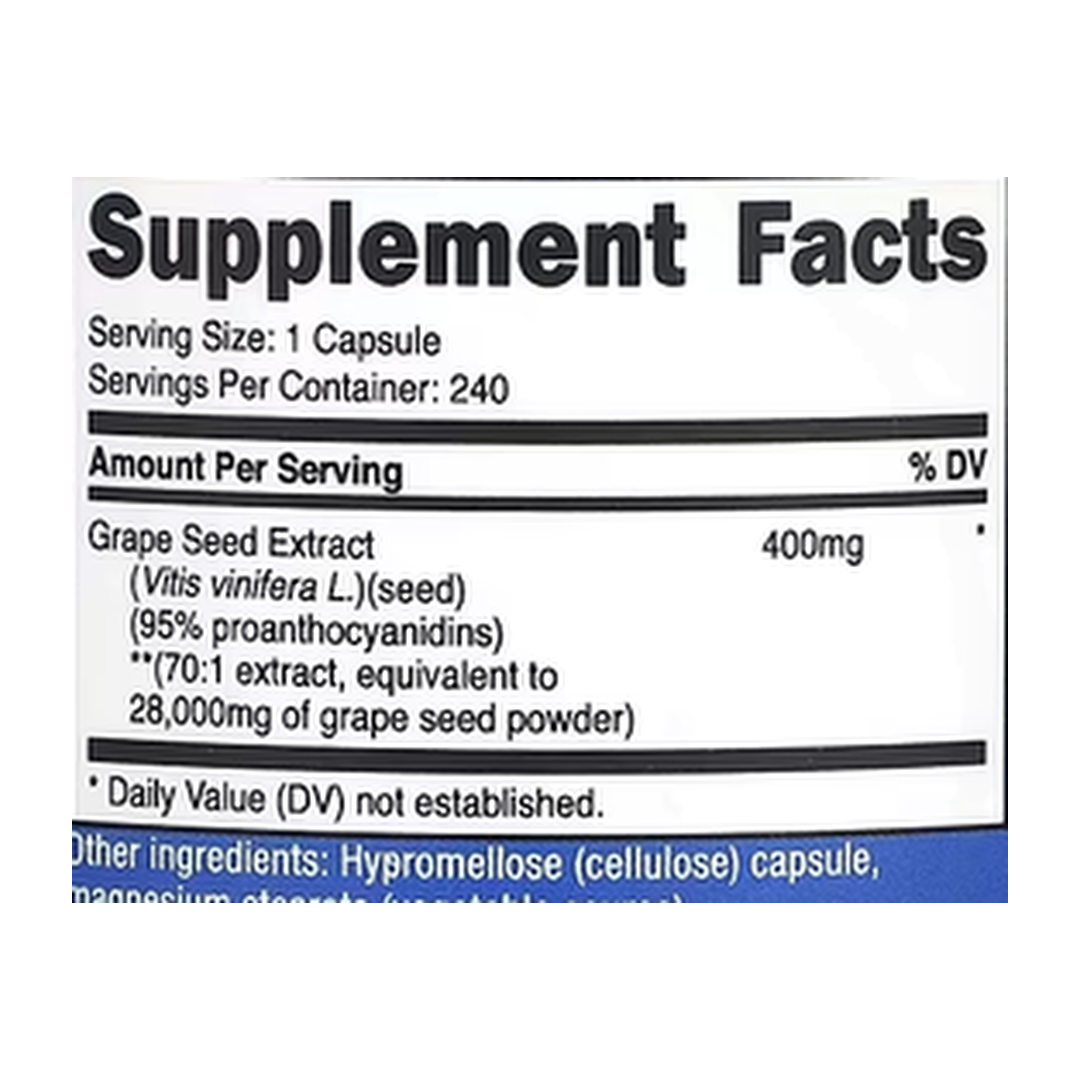 Nutricost, Grape Seed Extract, 28,000 mg , 240 Capsules supplement facts label showing ingredients, vitamins, minerals, and serving information