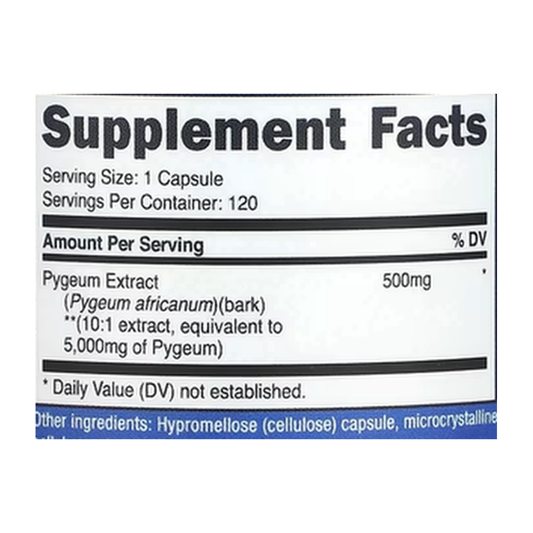 Nutricost, Pygeum, 5,000 mg, 120 Capsules supplement facts label showing ingredients, vitamins, minerals, and serving information