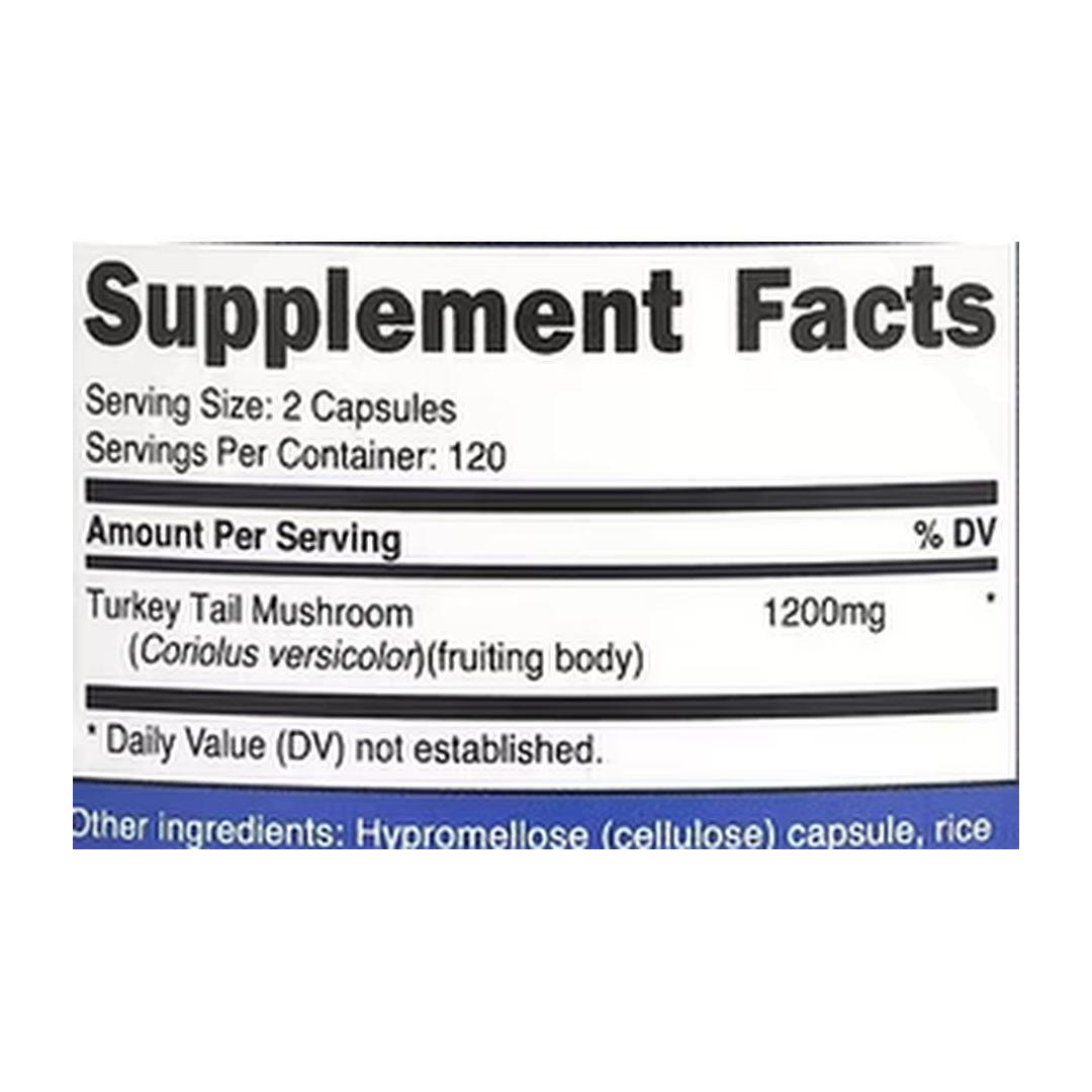 Nutricost, Turkey Tail Mushroom, 240 Capsules supplement facts label showing ingredients, vitamins, minerals, and serving information