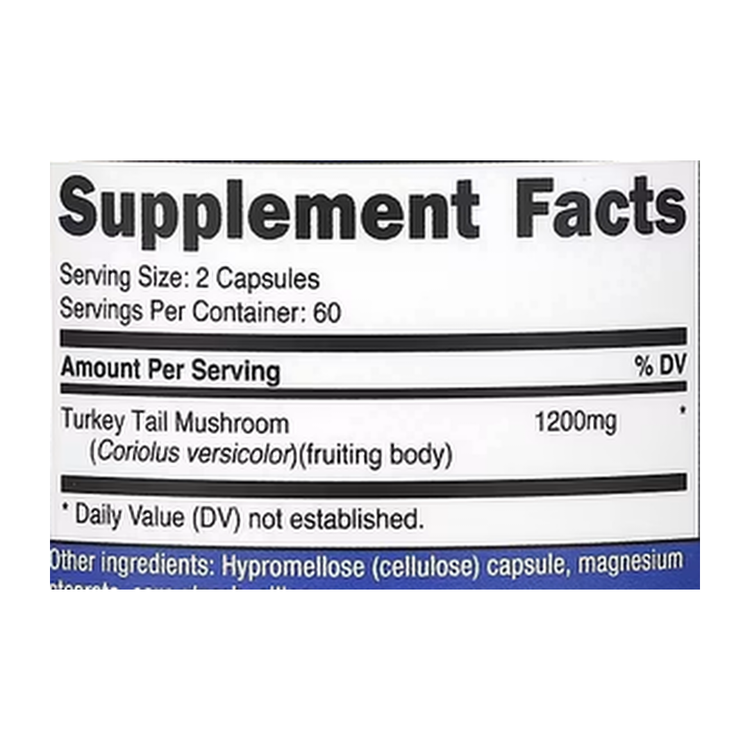 Nutricost, Turkey Tail Mushroom, 120 Capsules supplement facts label showing ingredients, vitamins, minerals, and serving information