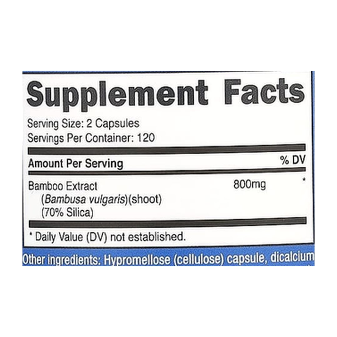 Nutricost, Bamboo Extract, 240 Capsules supplement facts label showing ingredients, vitamins, minerals, and serving information
