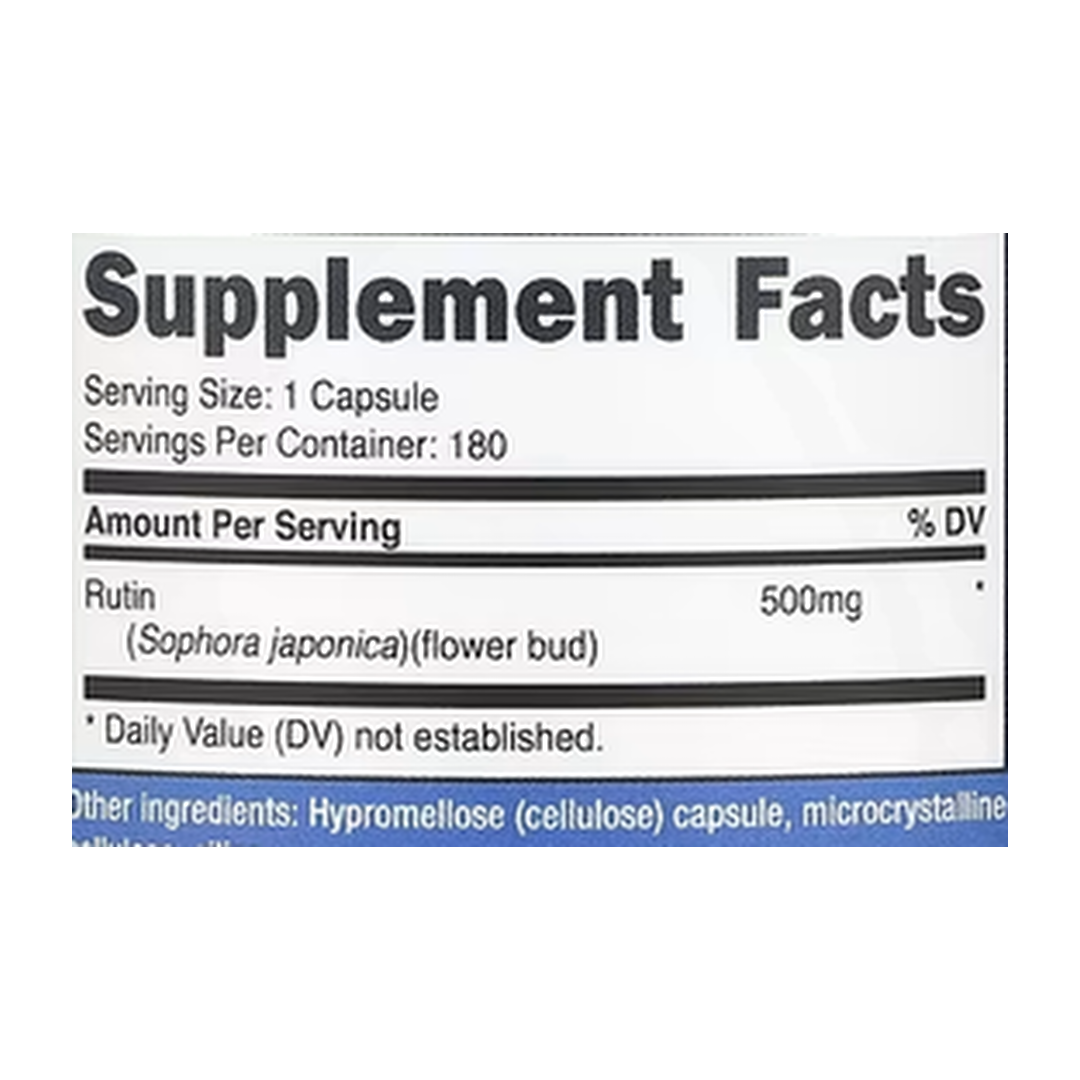 Nutricost, Rutin, 500 mg, 180 Capsules supplement facts label showing ingredients, vitamins, minerals, and serving information