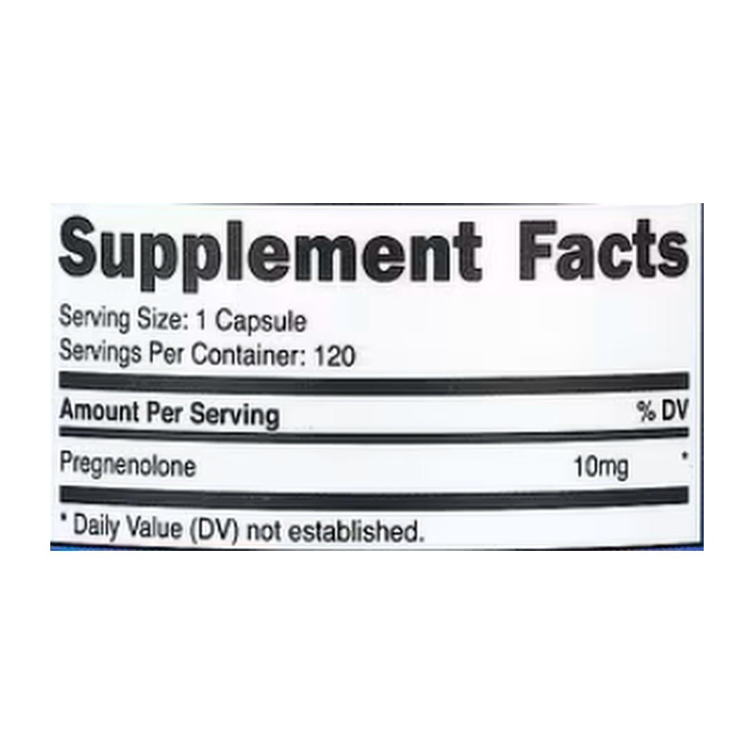 Nutricost, Pregnenolone, 10 mg, 120 Capsules supplement facts label showing ingredients, vitamins, minerals, and serving information