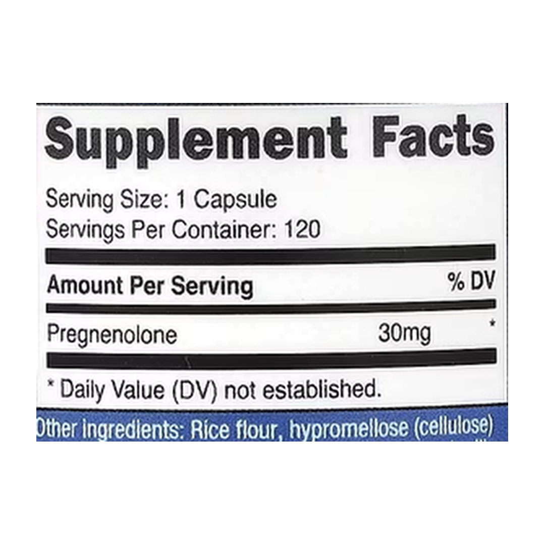 Nutricost, Pregnenolone, 30 mg, 120 Capsules supplement facts label showing ingredients, vitamins, minerals, and serving information