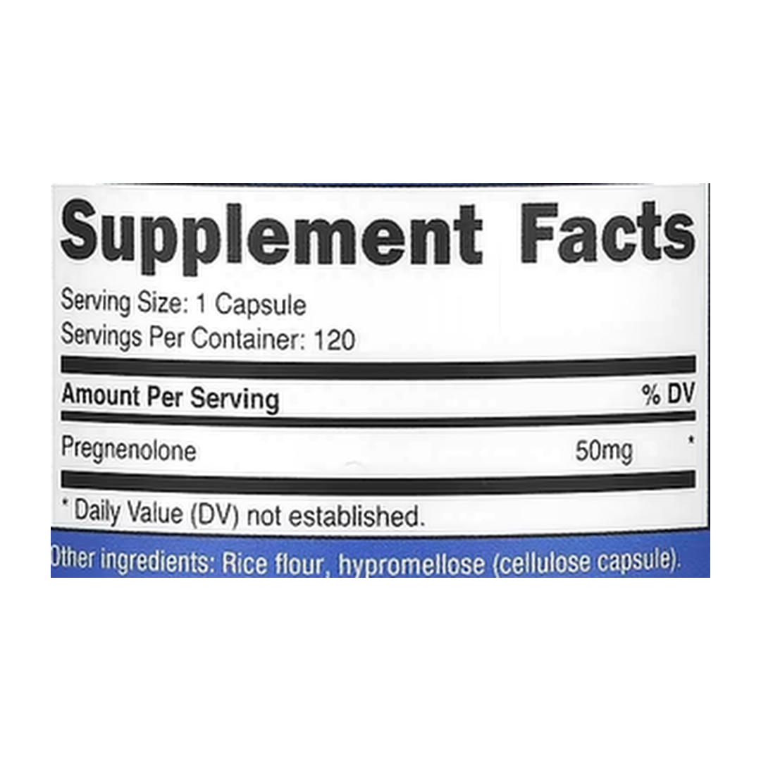Nutricost, Pregnenolone, 50 mg, 120 Capsules supplement facts label showing ingredients, vitamins, minerals, and serving information
