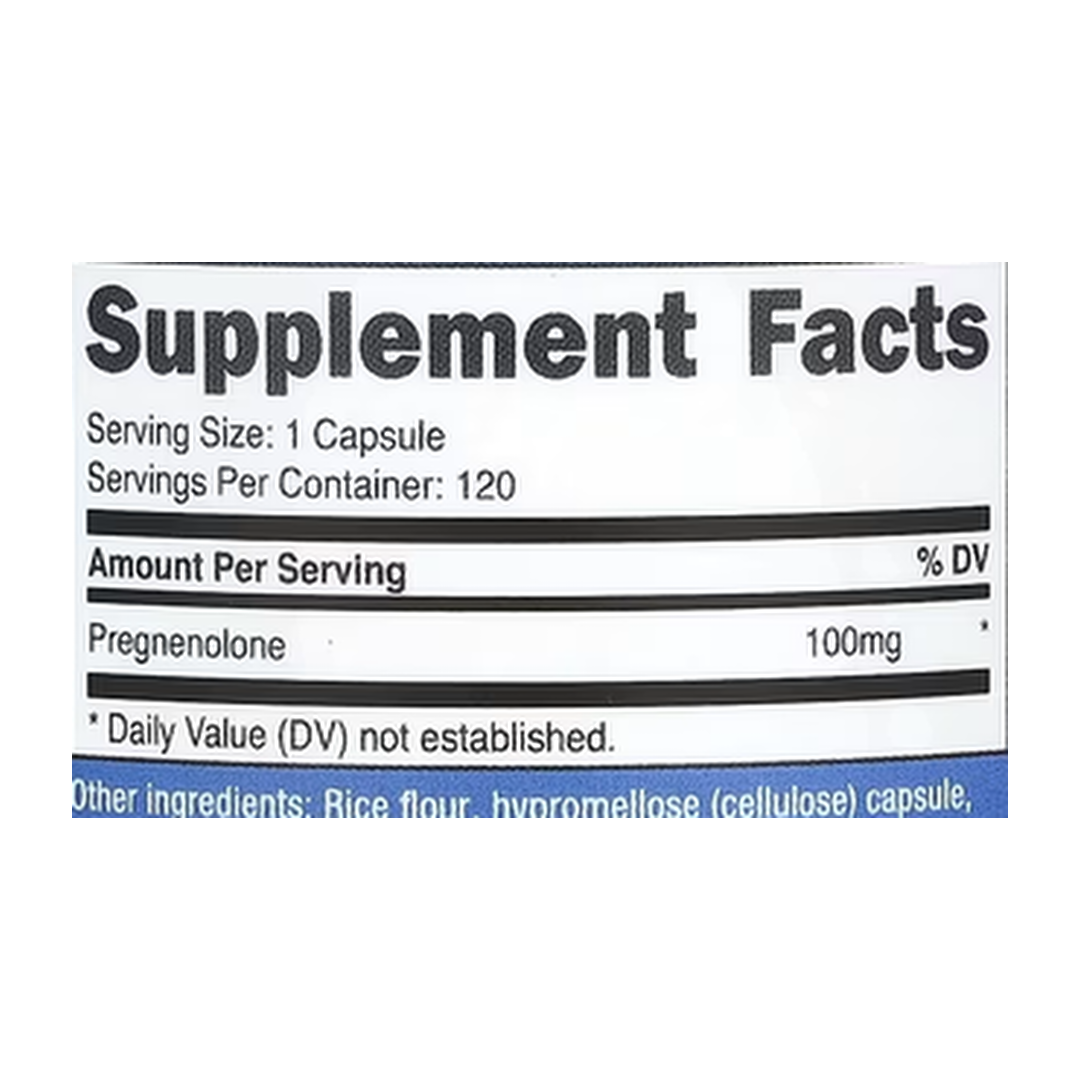 Nutricost, Pregnenolone, 100 mg, 120 Capsules supplement facts label showing ingredients, vitamins, minerals, and serving information