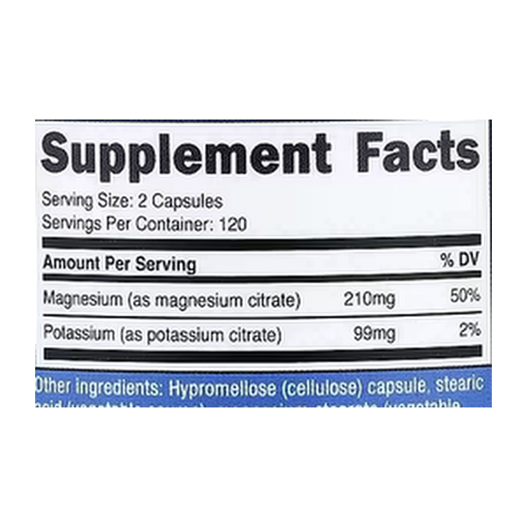 Nutricost, Potassium + Magnesium, 240 Capsules supplement facts label showing ingredients, vitamins, minerals, and serving information