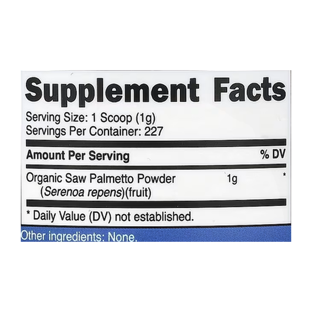 Nutricost, Organic Saw Palmetto, Unflavored, 8.1 oz, 227 g supplement facts label showing ingredients, vitamins, minerals, and serving information