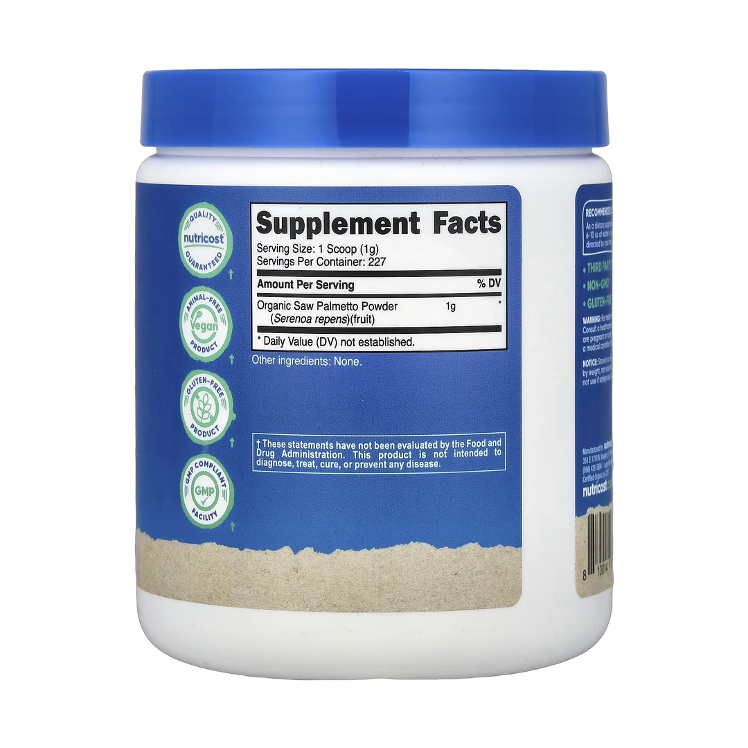 Nutricost, Organic Saw Palmetto, Unflavored, 8.1 oz, 227 g back packaging view