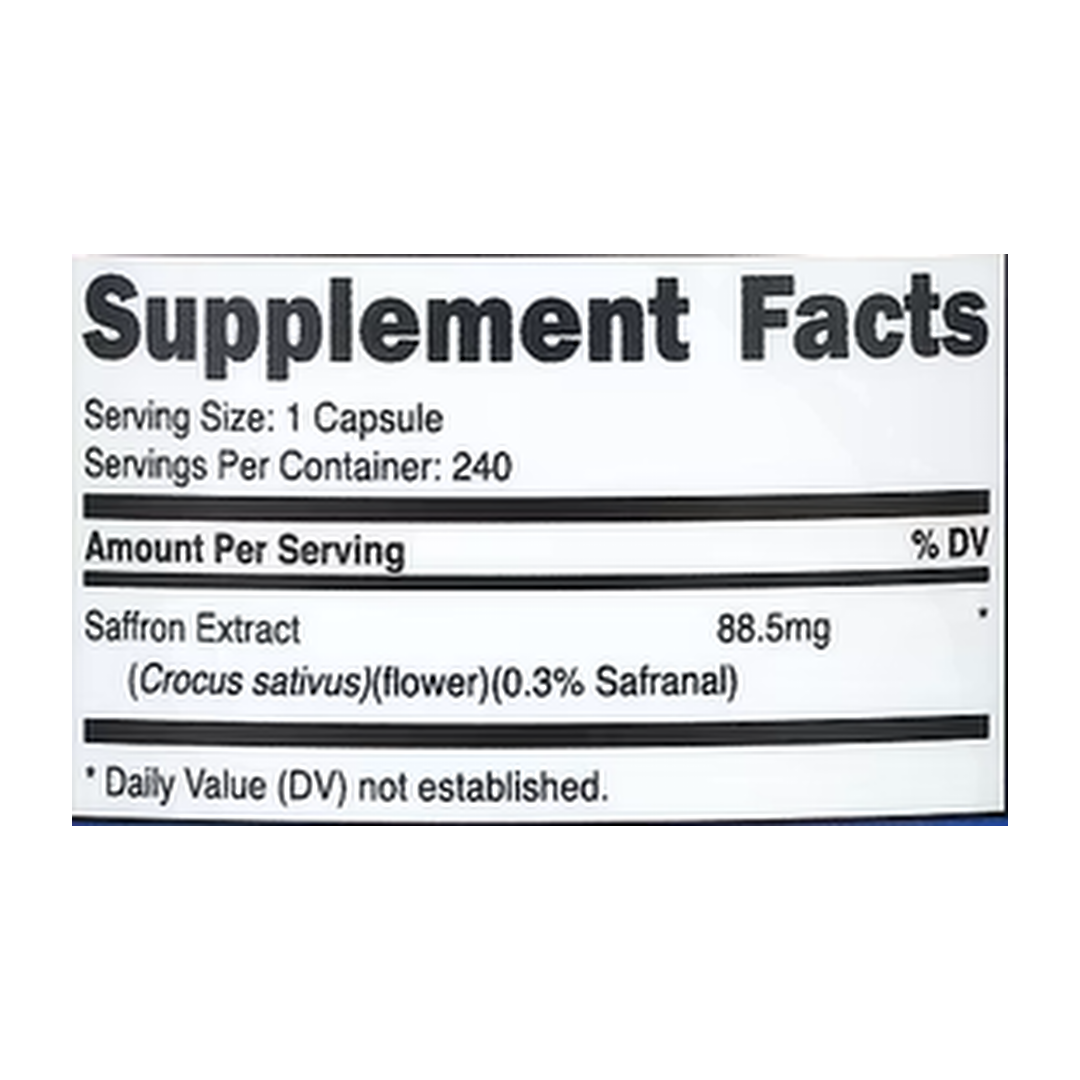 Nutricost, Saffron, 88.5 mg , 240 Capsules supplement facts label showing ingredients, vitamins, minerals, and serving information