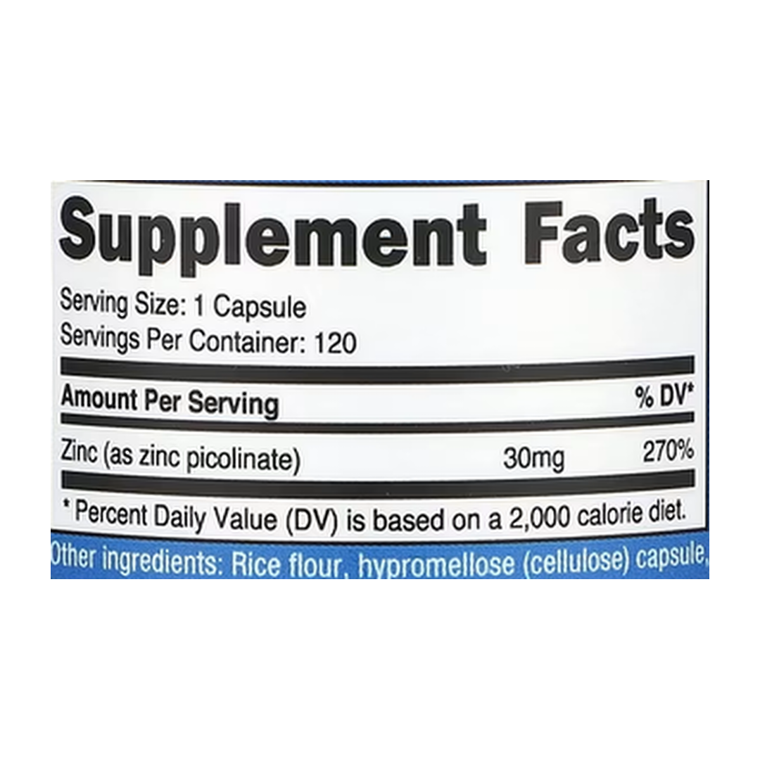 Nutricost, Zinc Picolinate, 30 mg, 120 Capsules supplement facts label showing ingredients, vitamins, minerals, and serving information