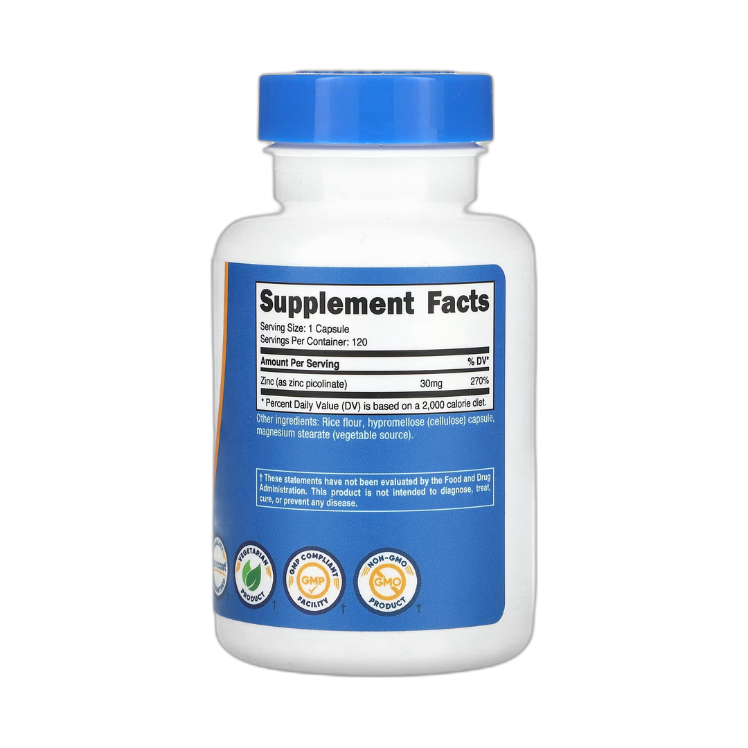 Nutricost, Zinc Picolinate, 30 mg, 120 Capsules back packaging view