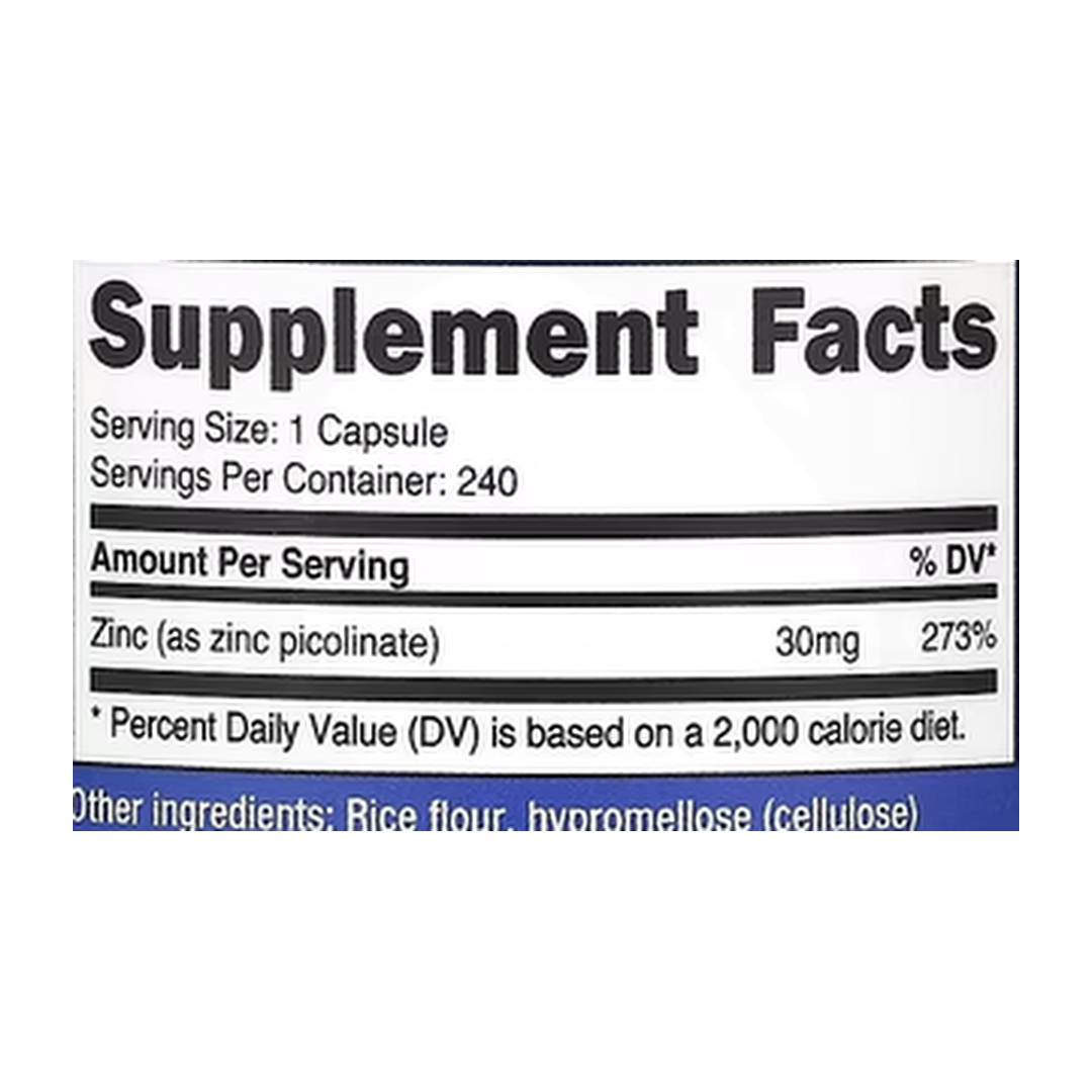 Nutricost, Zinc Picolinate, 30 mg, 240 Capsules supplement facts label showing ingredients, vitamins, minerals, and serving information