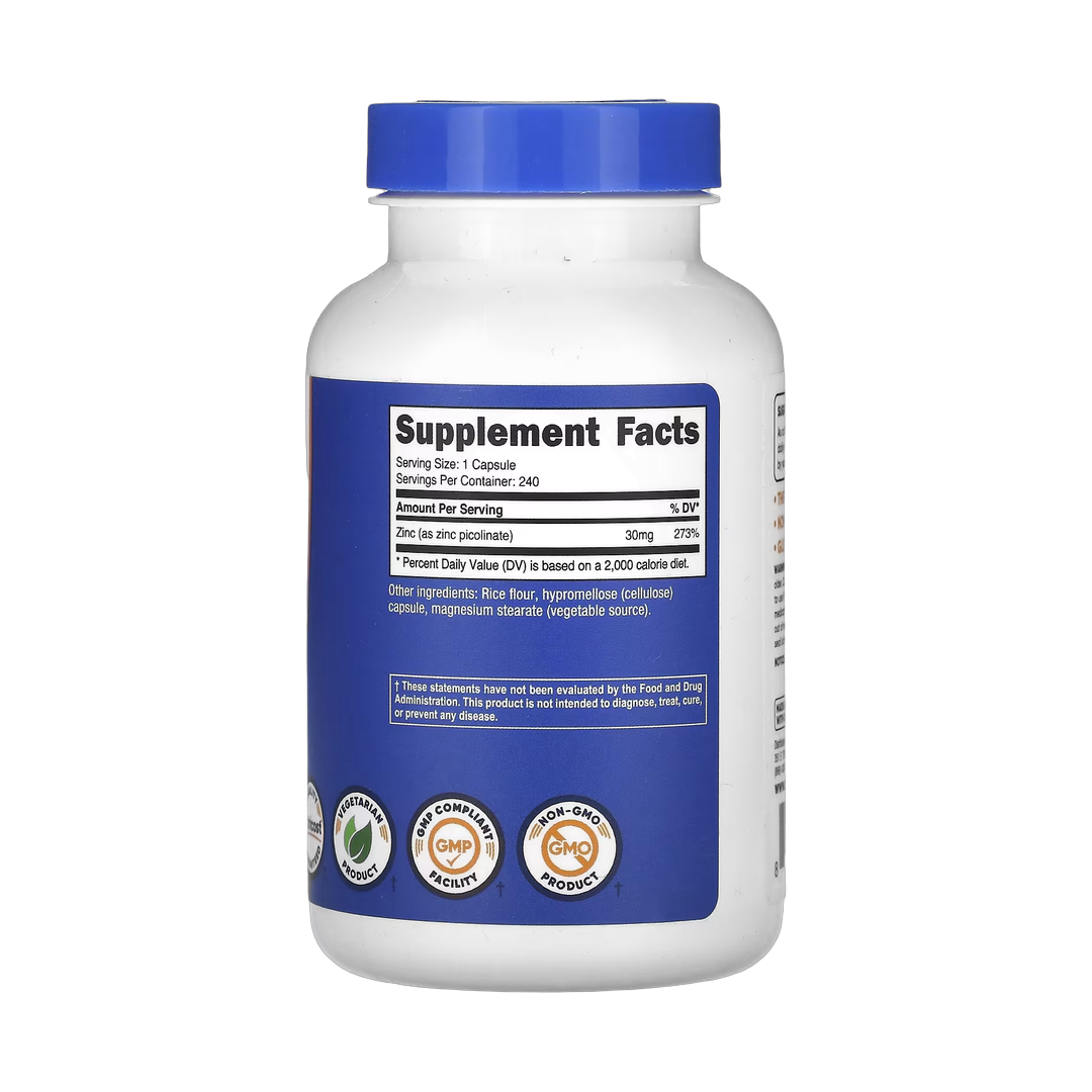 Nutricost, Zinc Picolinate, 30 mg, 240 Capsules back packaging view