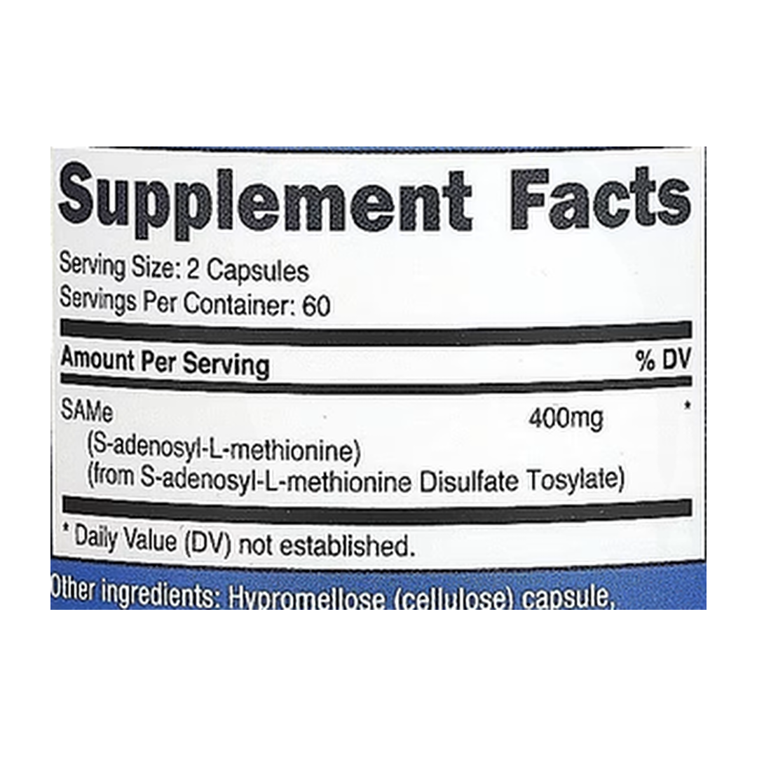 Nutricost, SAMe, 120 Capsules supplement facts label showing ingredients, vitamins, minerals, and serving information