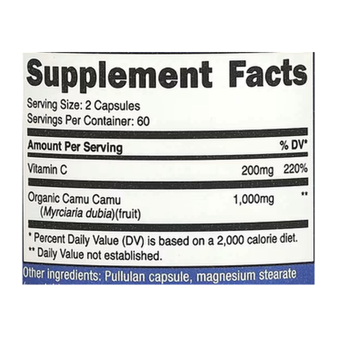 Nutricost, Camu Camu, 120 Capsules supplement facts label showing ingredients, vitamins, minerals, and serving information