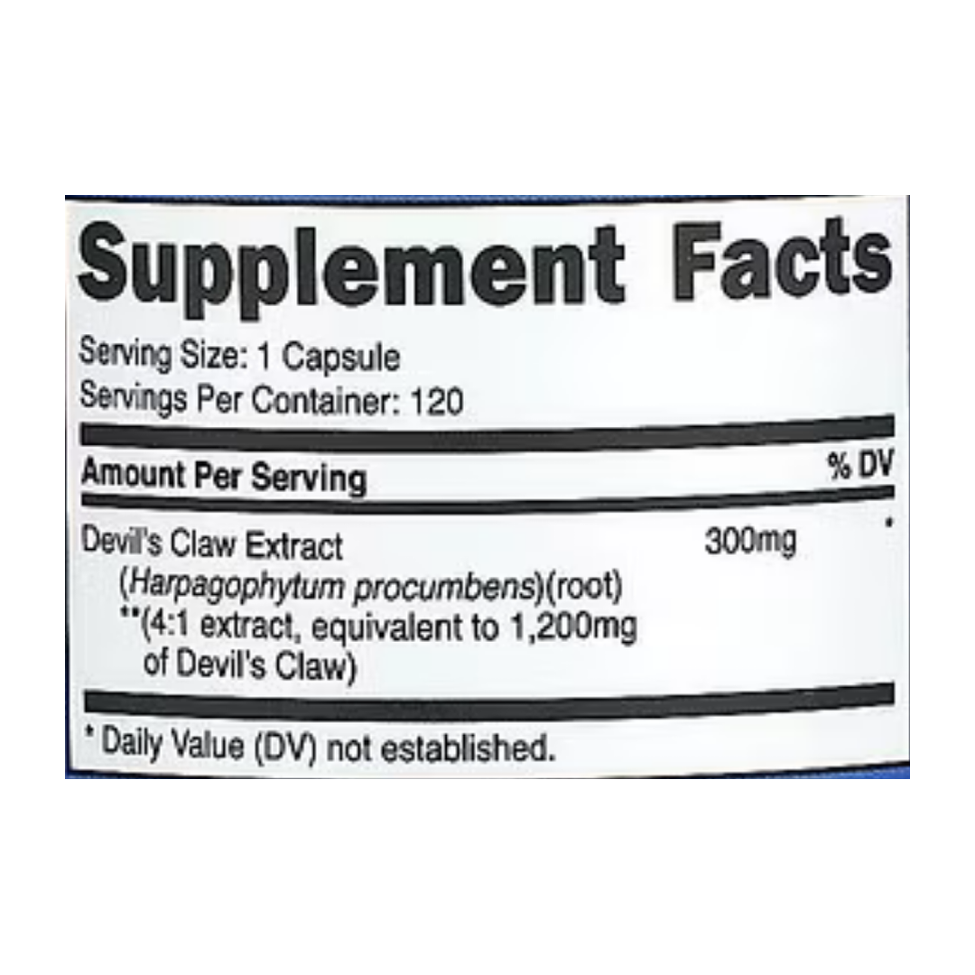 Nutricost, Devil's Claw, 1,200 mg , 120 Capsules supplement facts label showing ingredients, vitamins, minerals, and serving information