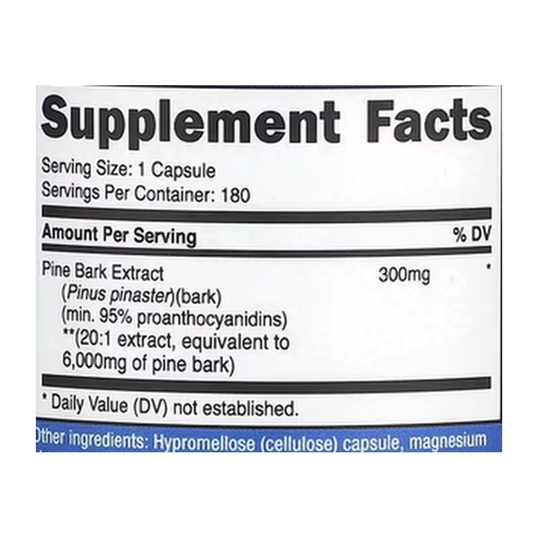 Nutricost, Pine Bark Extract, 6,000 mg, 180 Capsules supplement facts label showing ingredients, vitamins, minerals, and serving information