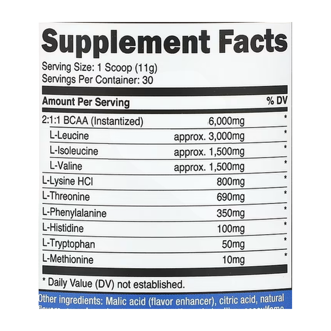Nutricost, Performance, EAA, Fruit Punch, 11.6 oz, 330 g supplement facts label showing ingredients, vitamins, minerals, and serving information