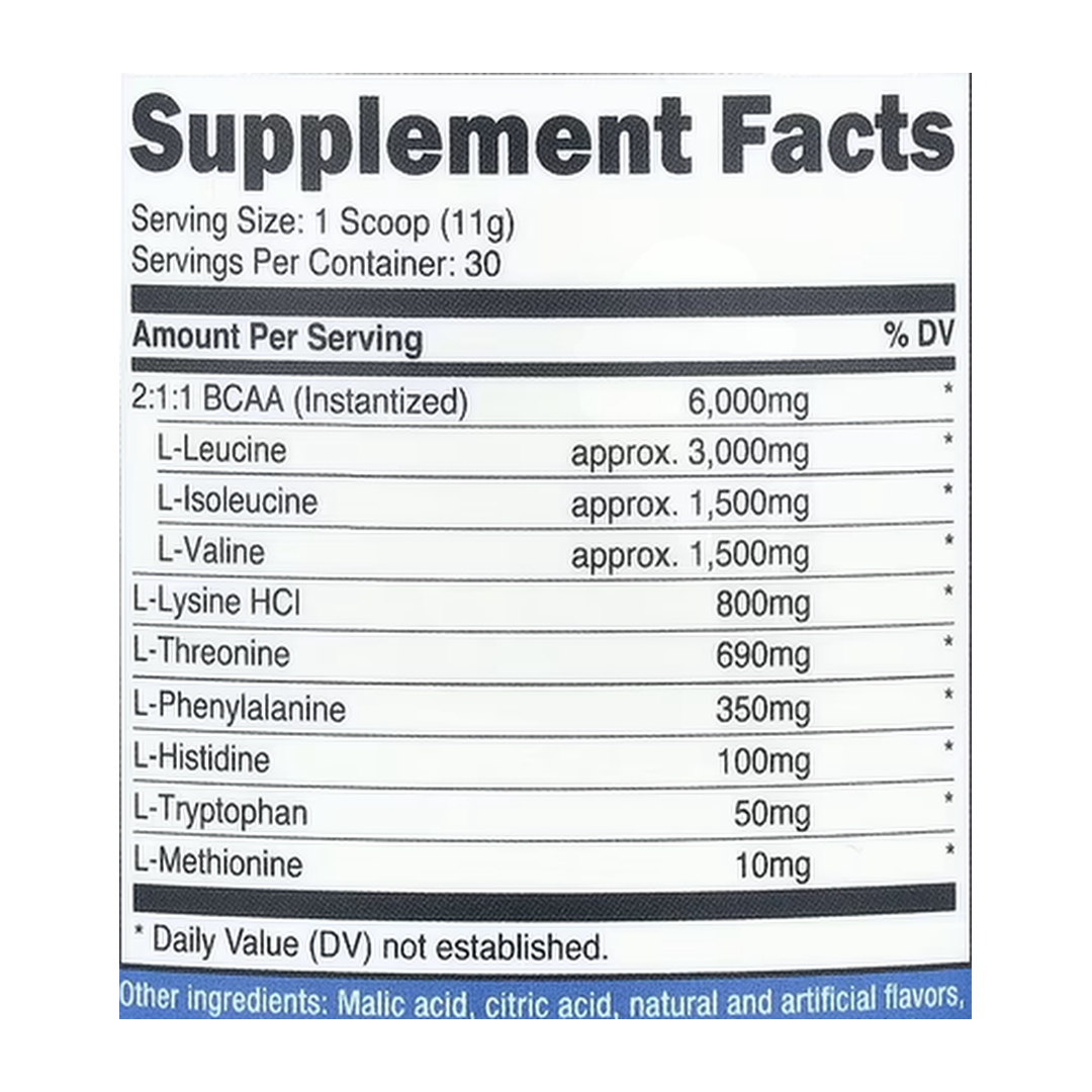Nutricost, Performance, EAA, Blue Raspberry, 11.8 oz, 330 g supplement facts label showing ingredients, vitamins, minerals, and serving information