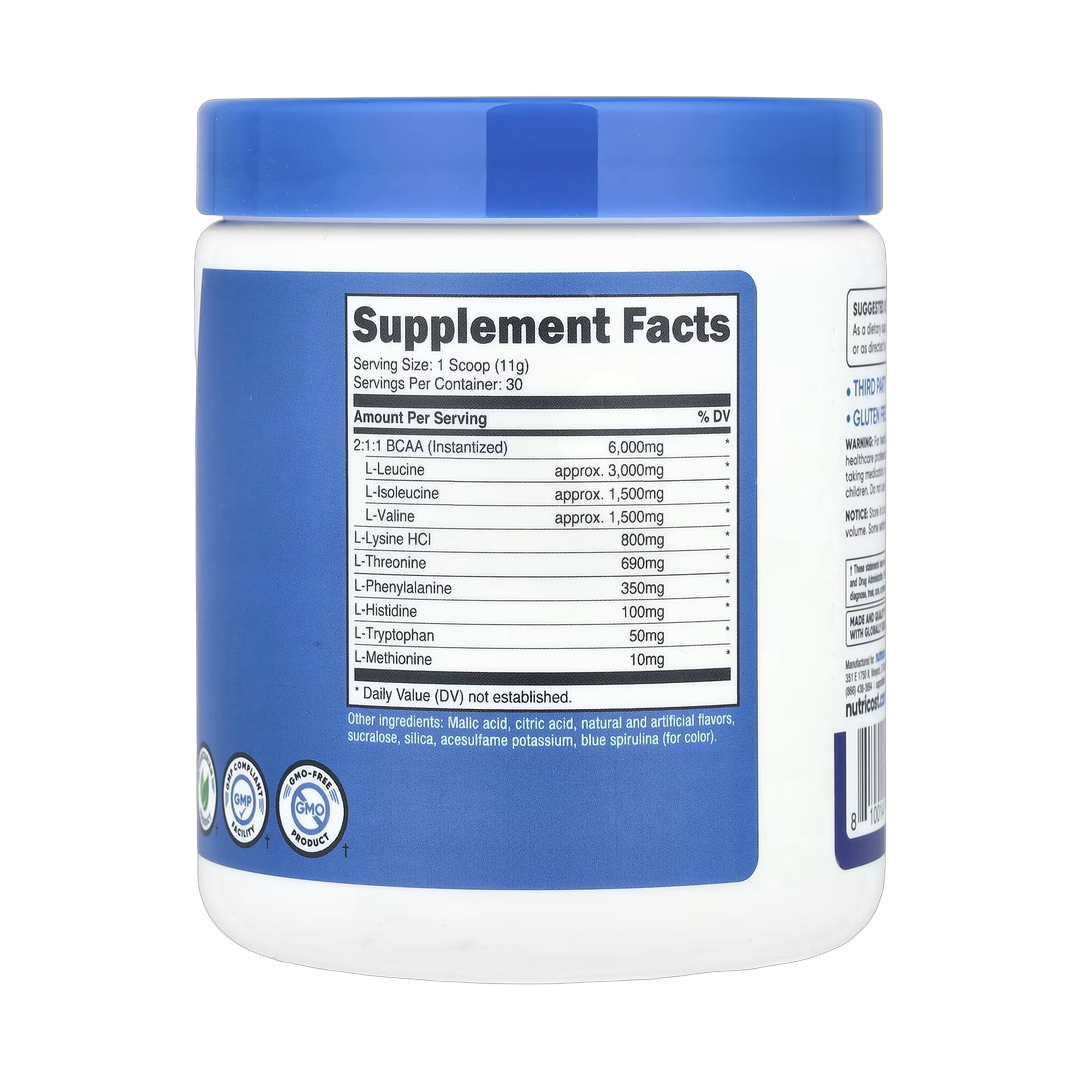 Nutricost, Performance, EAA, Blue Raspberry, 11.8 oz, 330 g back packaging view