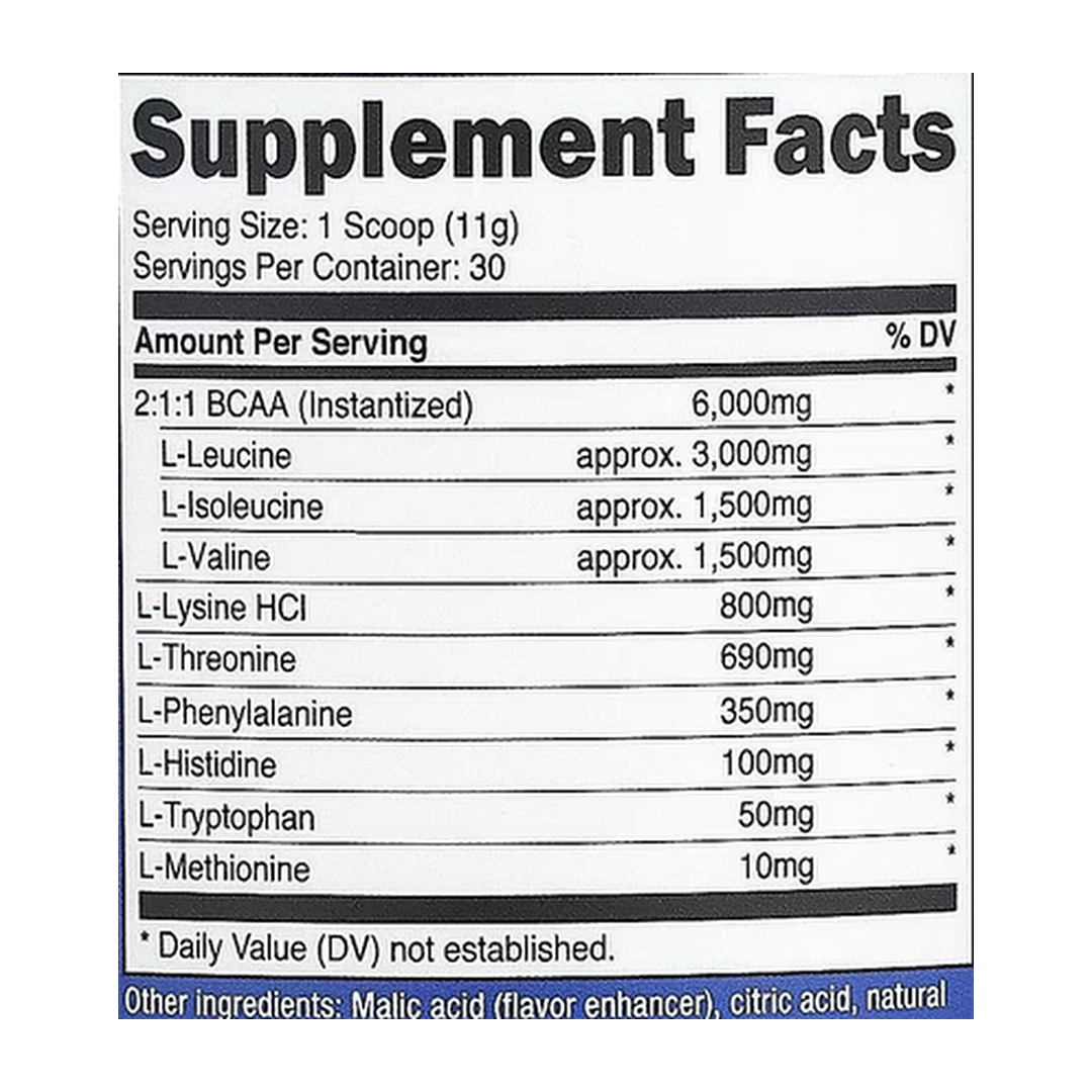 Nutricost, Performance, EAA Powder, Peach Mango, 11.8 oz, 330 g supplement facts label showing ingredients, vitamins, minerals, and serving information