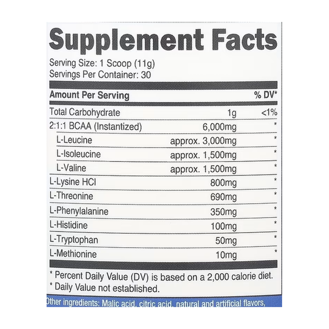 Nutricost, Performance, EAA Powder, 11.8 oz, 330 g supplement facts label showing ingredients, vitamins, minerals, and serving information