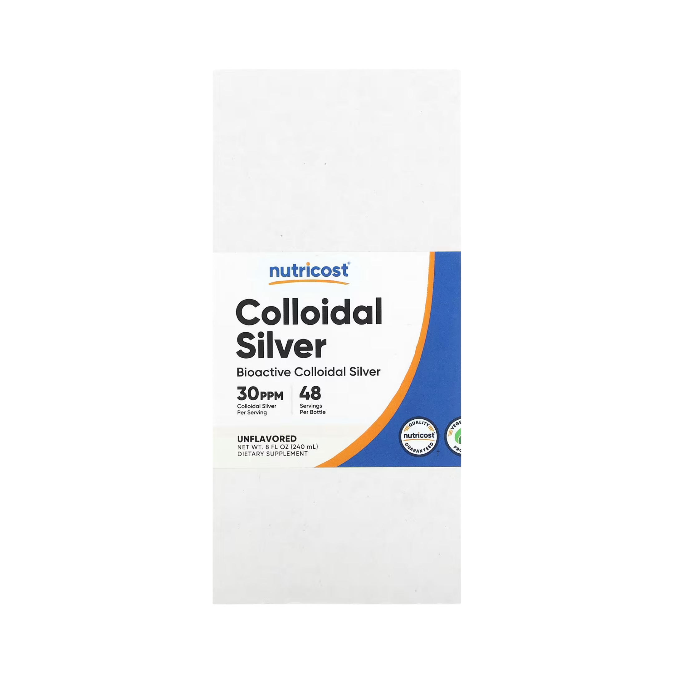 Nutricost, Colloidal Silver, Unflavored, 150 mcg, 8 fl oz, 240 ml front packaging view
