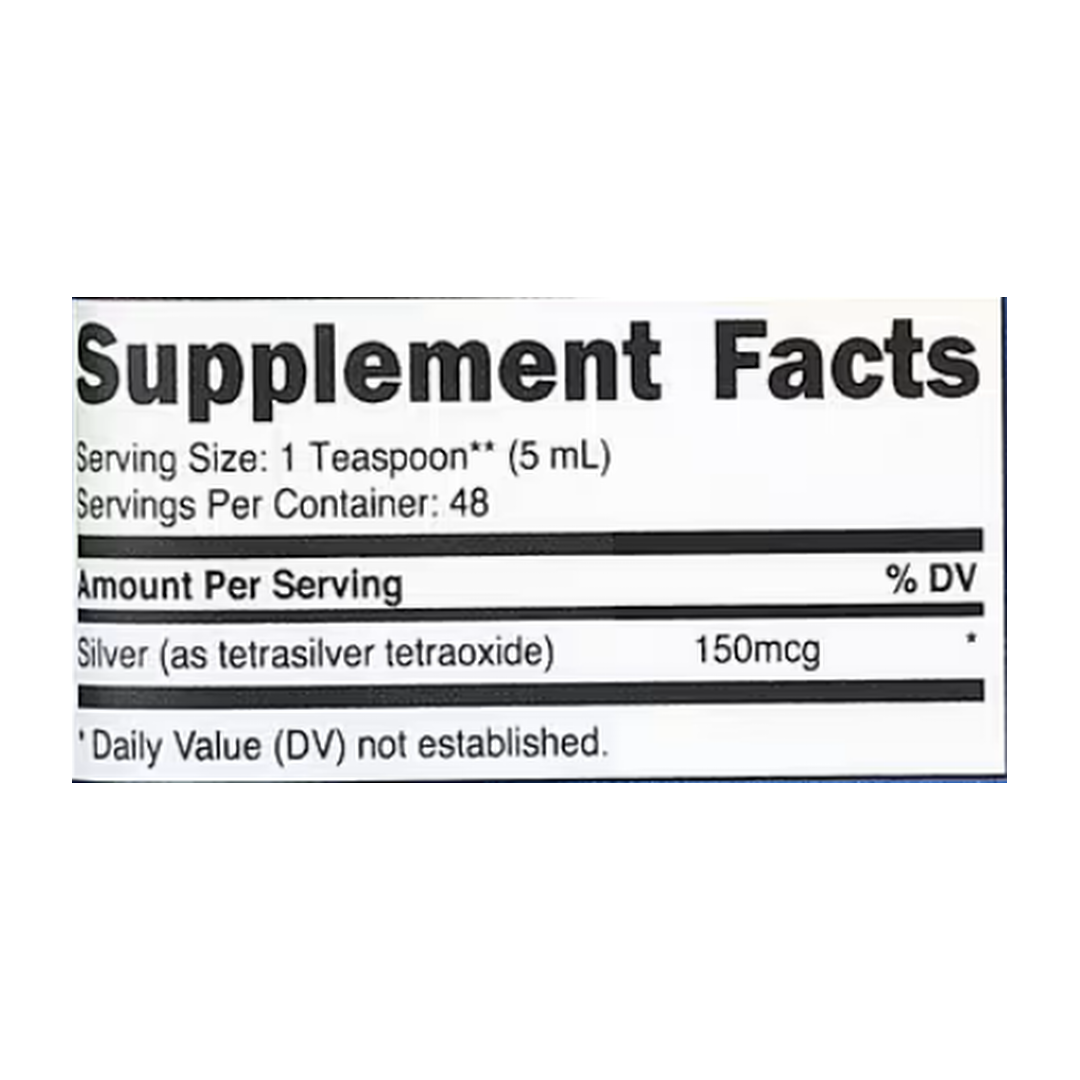 Nutricost, Colloidal Silver, Unflavored, 150 mcg, 8 fl oz, 240 ml supplement facts label showing ingredients, vitamins, minerals, and serving information