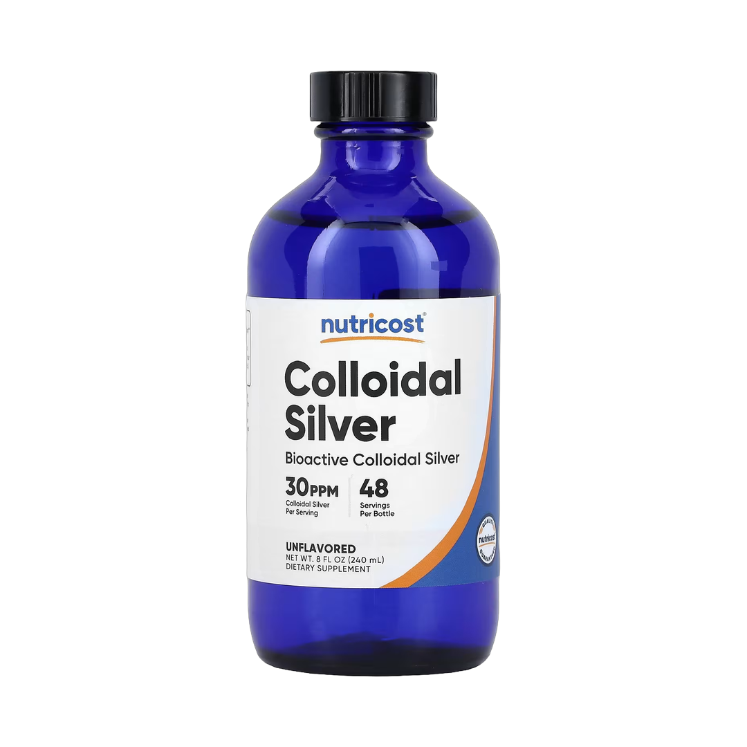 Nutricost, Colloidal Silver, Unflavored, 150 mcg, 8 fl oz, 240 ml packaging side view