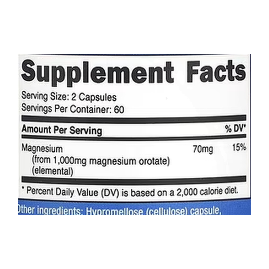Nutricost, Magnesium Orotate, 120 Capsules supplement facts label showing ingredients, vitamins, minerals, and serving information