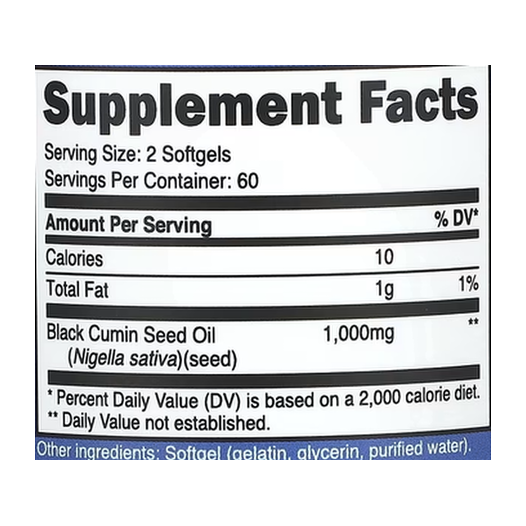 Nutricost, Black Cumin Seed Oil, 120 Softgels supplement facts label showing ingredients, vitamins, minerals, and serving information
