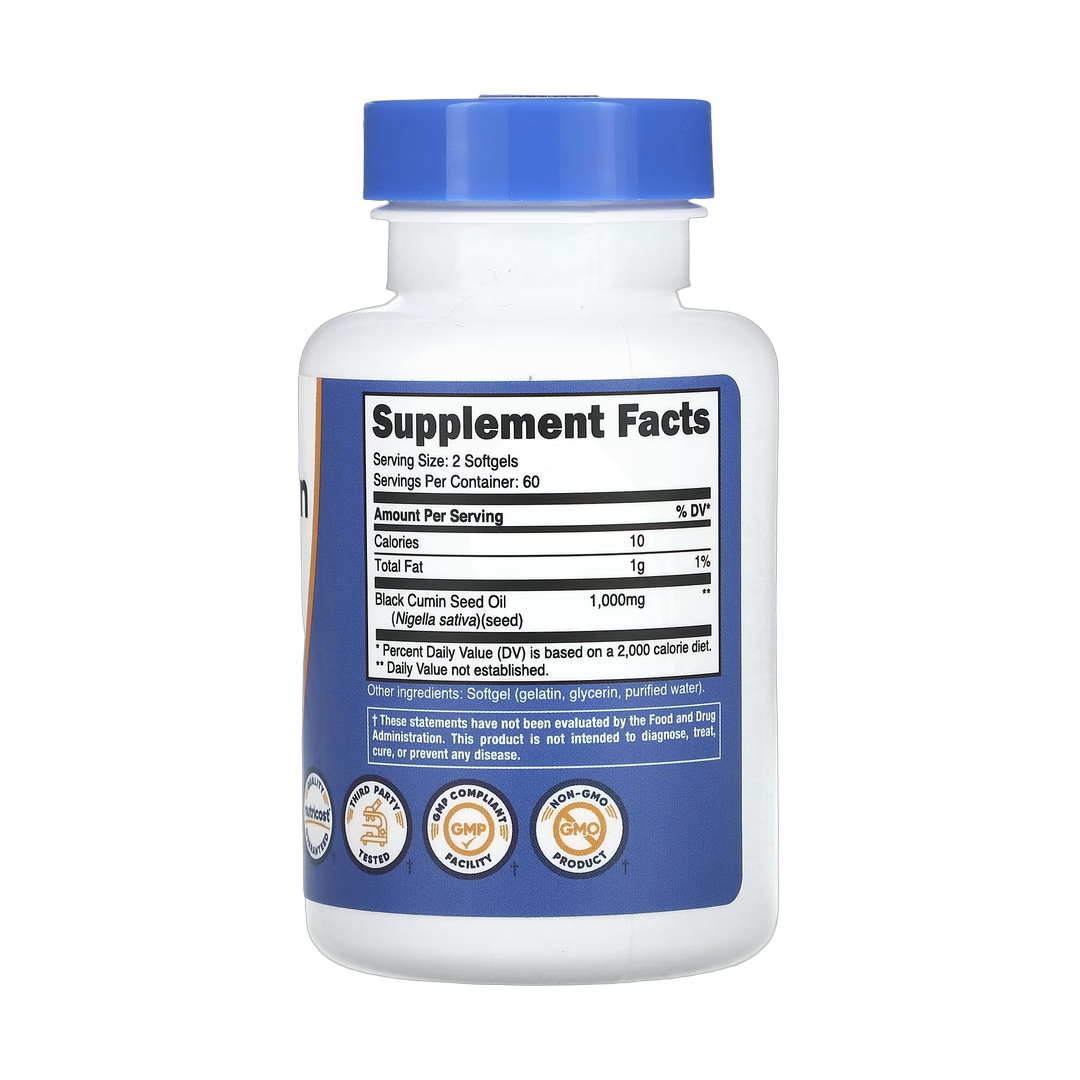 Nutricost, Black Cumin Seed Oil, 120 Softgels back packaging view