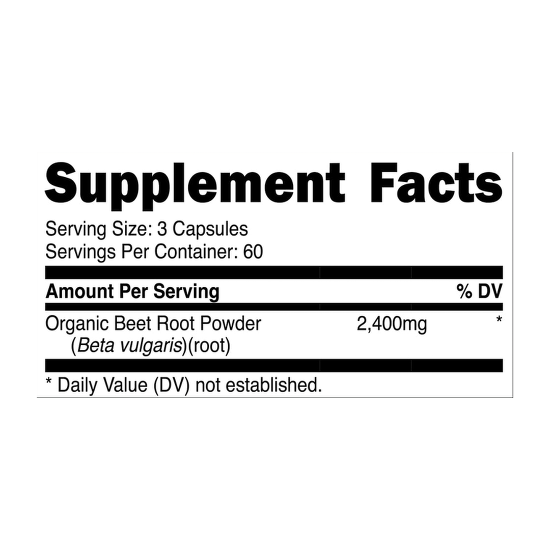 Nutricost, Beet Root, 180 Capsules supplement facts label showing ingredients, vitamins, minerals, and serving information