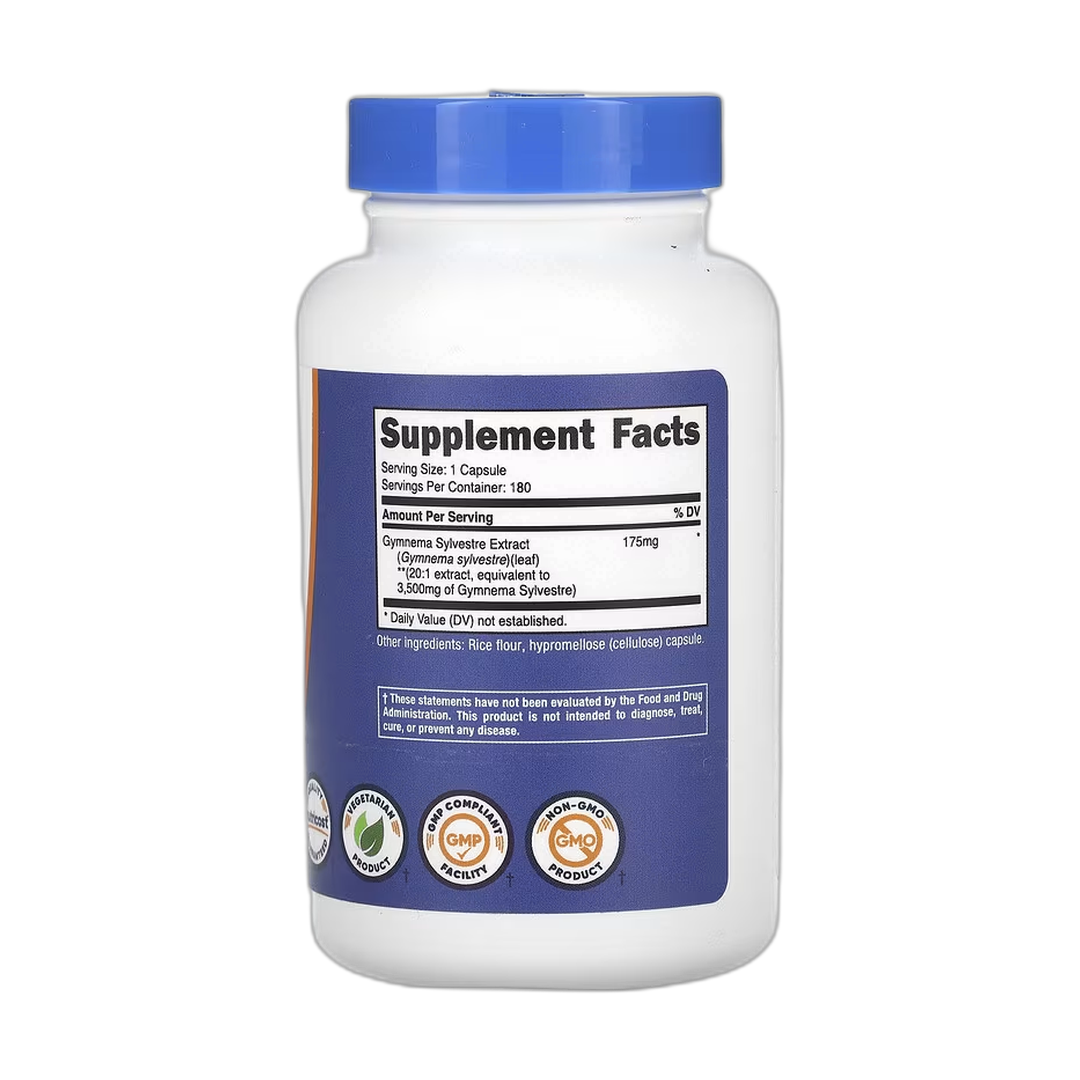 Nutricost, Gymnema Sylvestre, 3,500 mg, 180 Capsules back packaging view
